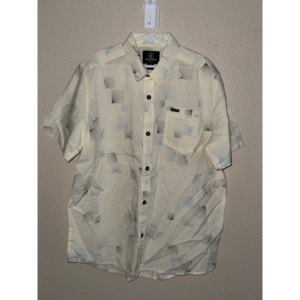 Volcom Boys Large 12-14 Short Sleeve Button Down Shirt Cream Geometric Print